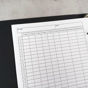 May include: A black binder with a white sheet of paper inside. The paper is a feeding schedule with columns for formula, feed times, and daily amount. The binder is open, revealing the paper and metal rings.