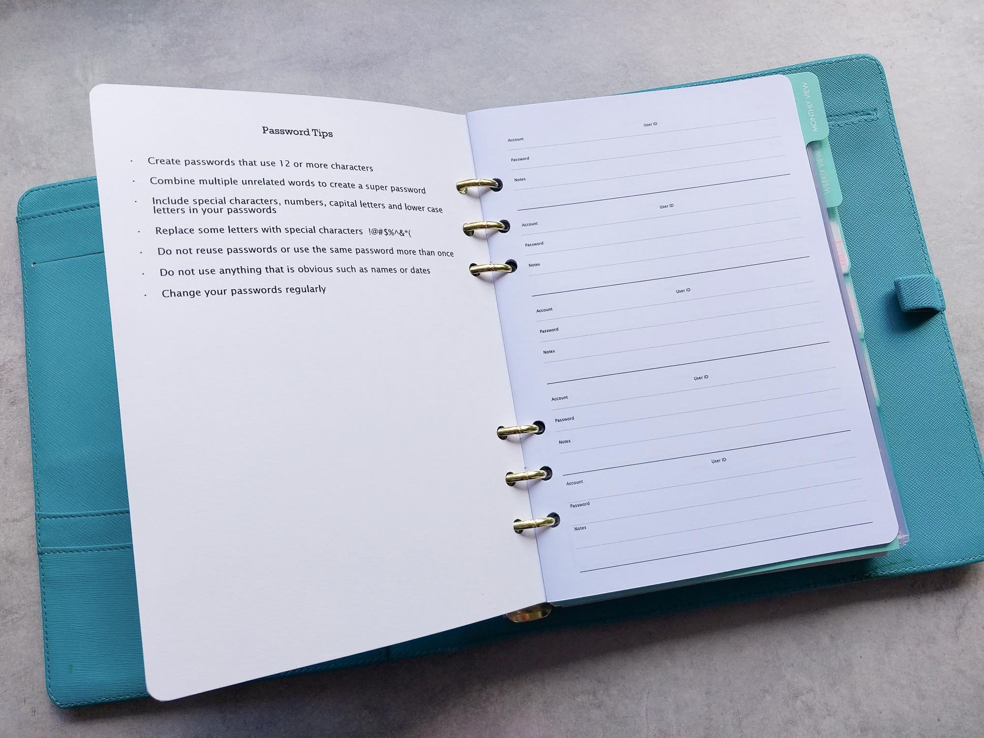 Personal size Password Keeper Planner Refill, Fits 6-Ring Binders