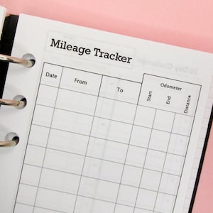 May include: A black and white mileage tracker with columns for date, from, to, start odometer, end odometer, and distance.