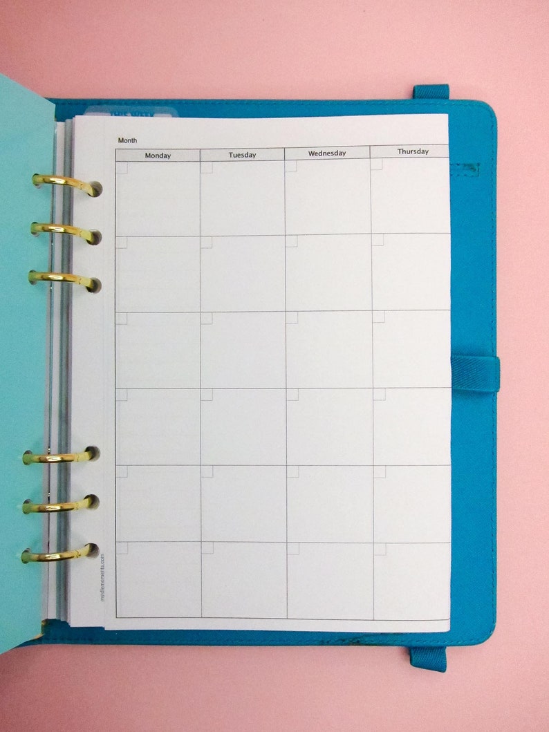 May include: A white weekly planner with a blue cover. The planner has a tab for each day of the week: Monday, Tuesday, Wednesday, and Thursday. The planner is open to the week of the month.