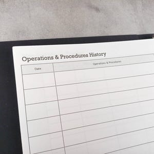May include: A white paper insert for a binder featuring a printed table titled Operations & Procedures History. The table includes columns labelled Date and Operations & Procedures with multiple horizontal rows for recording information.