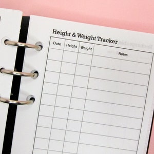 May include: A black and white height and weight tracker with columns for date, height, weight, and notes.