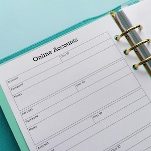 Online Account Password Tracker insert, Login Organizer, Password Keeper, Password Book,  Password Insert | 40 Printed pages | 5 Sizes