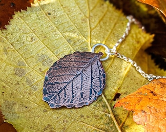 impressed copper beech leaf pendant necklace