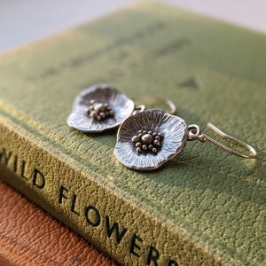 silver poppy flower drop earrings