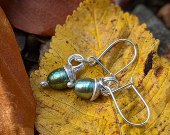 acorn earrings, silver and green freshwater pearl drop earrings