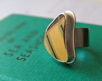 sea pottery and silver statement band ring, mid-century design