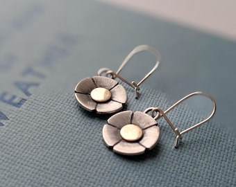 silver and 9ct gold daisy flower drop earrings, spring wildflower dangle earrings