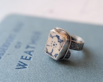 blue floral sea pottery and silver statement band ring