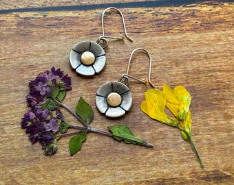 silver and 9ct gold daisy flower drop earrings, spring wildflower dangle earrings
