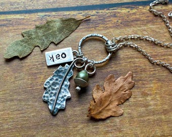 acorn and oak leaf charm necklace, silver and green freshwater pearl pendant