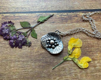 silver poppy flower pendant necklace