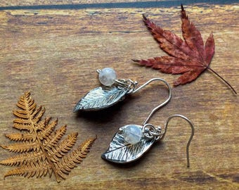 silver leaf and gemstone berry dangle drop earrings
