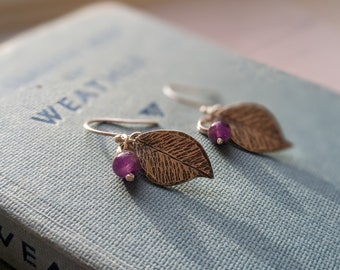 silver leaf and gemstone berry dangle drop earrings