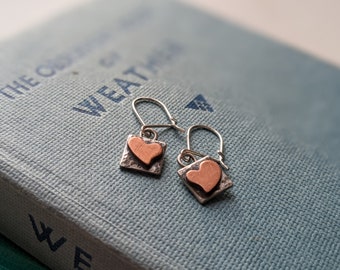 tiny silver and copper heart square drop earrings