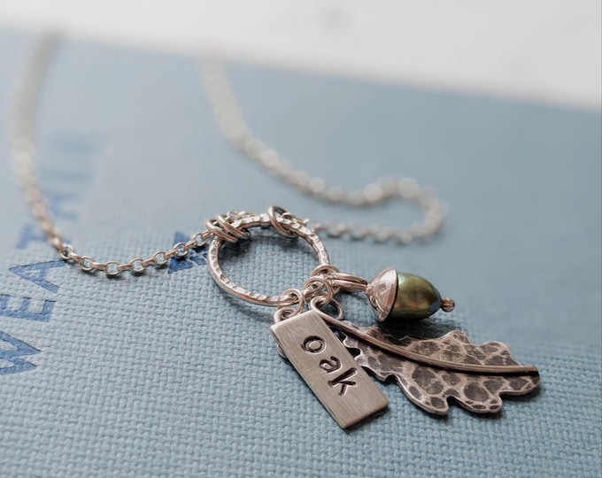 Featured listing image: acorn and oak leaf charm necklace, silver and green freshwater pearl pendant