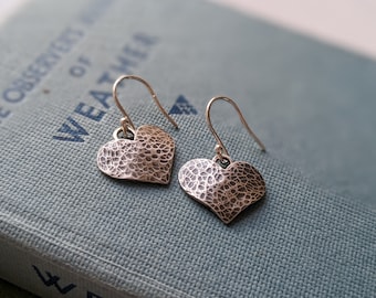 hammered silver heart dangle drop earrings