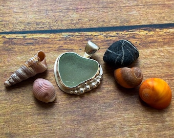 heart shaped silver sea glass pendant