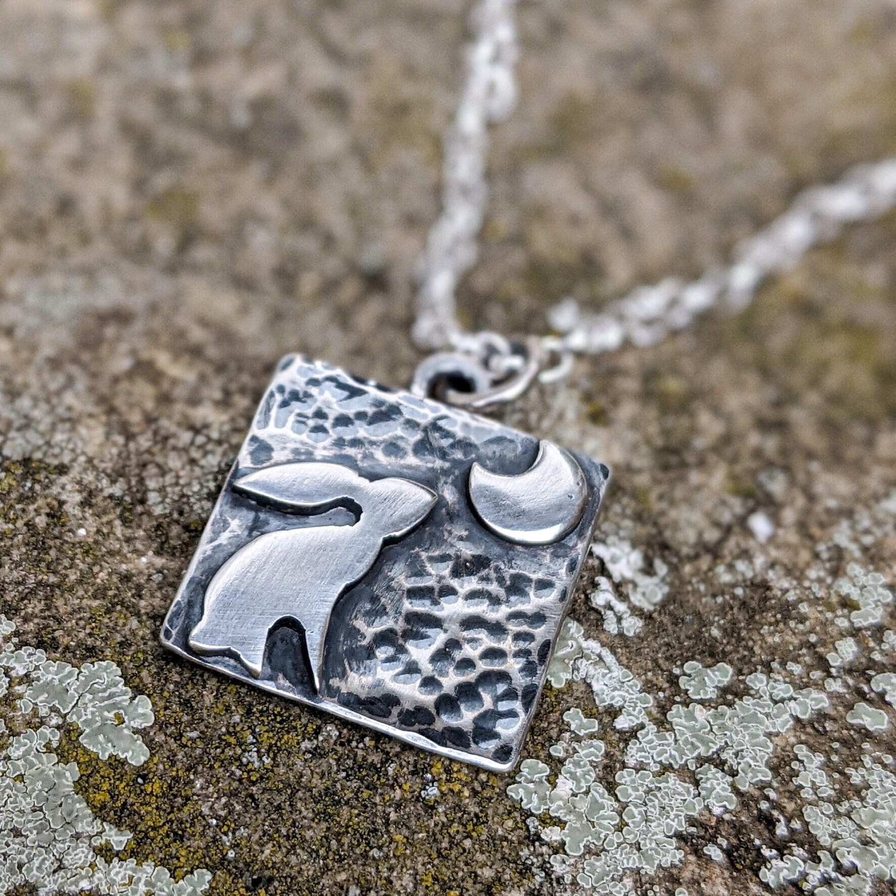 square silver moon gazing hare and crescent moon pendant necklace