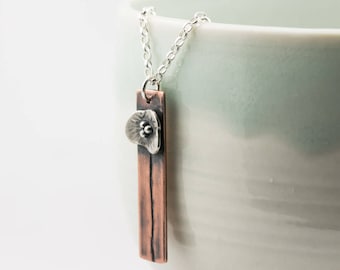 copper and silver poppy flower pendant necklace