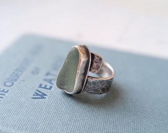 aqua sea glass and silver statement band ring