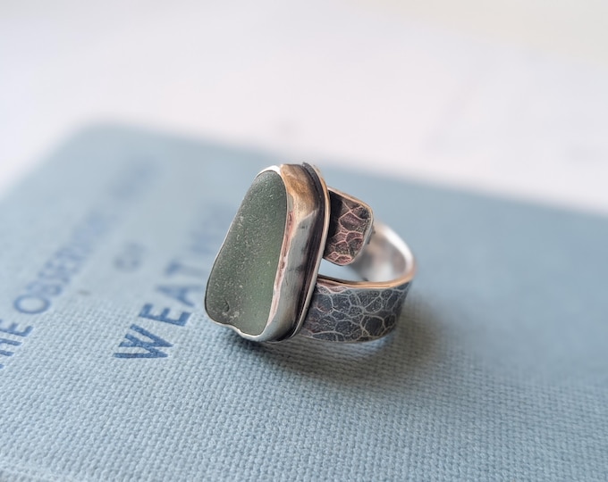 Featured listing image: aqua sea glass and silver statement band ring