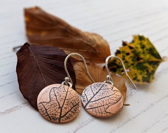 impressed copper oak leaf disc drop earrings