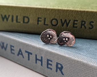 silver poppy post earrings, flower stud earrings