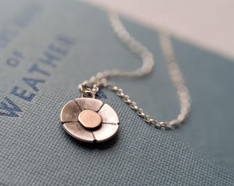 silver and 9ct gold daisy flower pendant, spring wildflower necklace