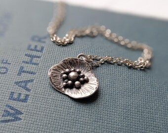 silver poppy flower pendant necklace