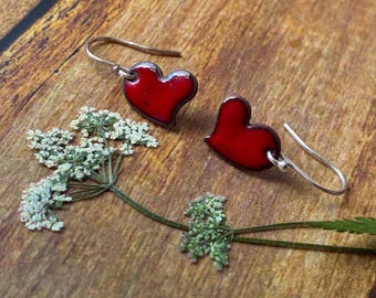 red enamelled heart shaped copper earrings