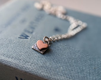 tiny silver and copper heart square pendant