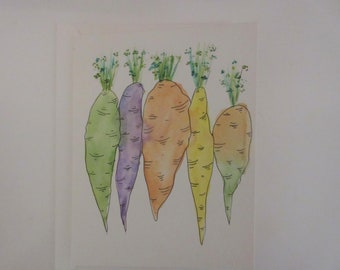 Hand painted Watercolor Carrot Greeting Card, Original Works. Blank Watercolor Art Greeting Cards, Cute Cottage core Carrots