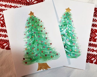 Hand painted watercolor Christmas Tree Holiday Greeting Cards. Original Painted Handmade Watercolor Christmas Holiday Blank Cards