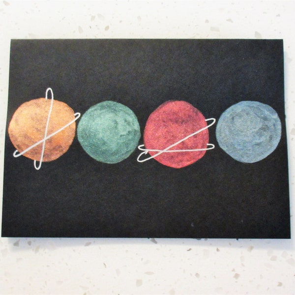 Metallic Planets on Black Cards, Watercolor Astronomy, Astrology Greeting Cards