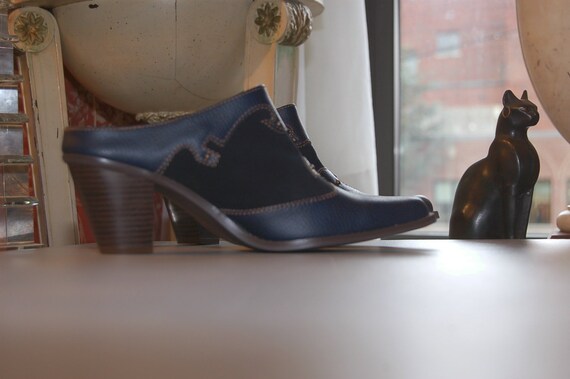 size 9 blue mules metal studs leather & suede, nev