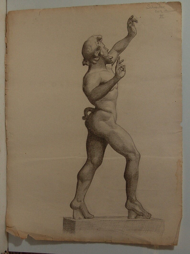 Vintage 1911 Charcoal Drawing Of A Dancing Fawn Nude Classical Male Signed Rose Schneider 185 X 245 - 
