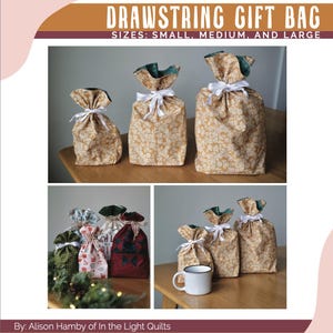 May include: Three drawstring gift bags in various sizes, small, medium, and large, made of fabric with a floral pattern. The bags are tied with white ribbon and are displayed on a wooden table. The bags are made by In the Light Quilts and are available in a variety of colors and patterns.