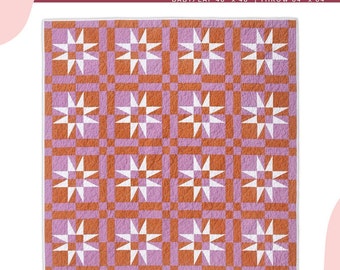 May include: A quilt pattern featuring a checkered design with white stars on a background of orange and purple squares. The pattern is called "Checkered Starlight Quilt" and is available in baby/lap size (48" x 48") and throw size (64" x 64").