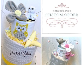 Diaper Cakes, Custom Diaper Cakes, 2 tier diaper cakes, Modern Diaper Cakes, Baby boy diaper cake, Baby Girl Diaper Cake, Baby Shower Cakes