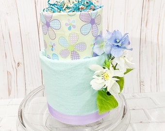 floral diaper cake, lilac and mint baby shower, lilac floral baby shower, lavender and aqua baby shower, flower diaper cake,girl diaper cake