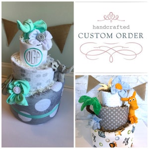 Diaper Cakes, Custom Diaper Cakes, 3 tier diaper cakes, Modern Diaper Cakes, Baby boy diaper cake, Baby Girl Diaper Cake, Baby Shower Cakes