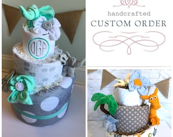 Diaper Cakes, Custom Diaper Cakes, 3 tier diaper cakes, Modern Diaper Cakes, Baby boy diaper cake, Baby Girl Diaper Cake, Baby Shower Cakes