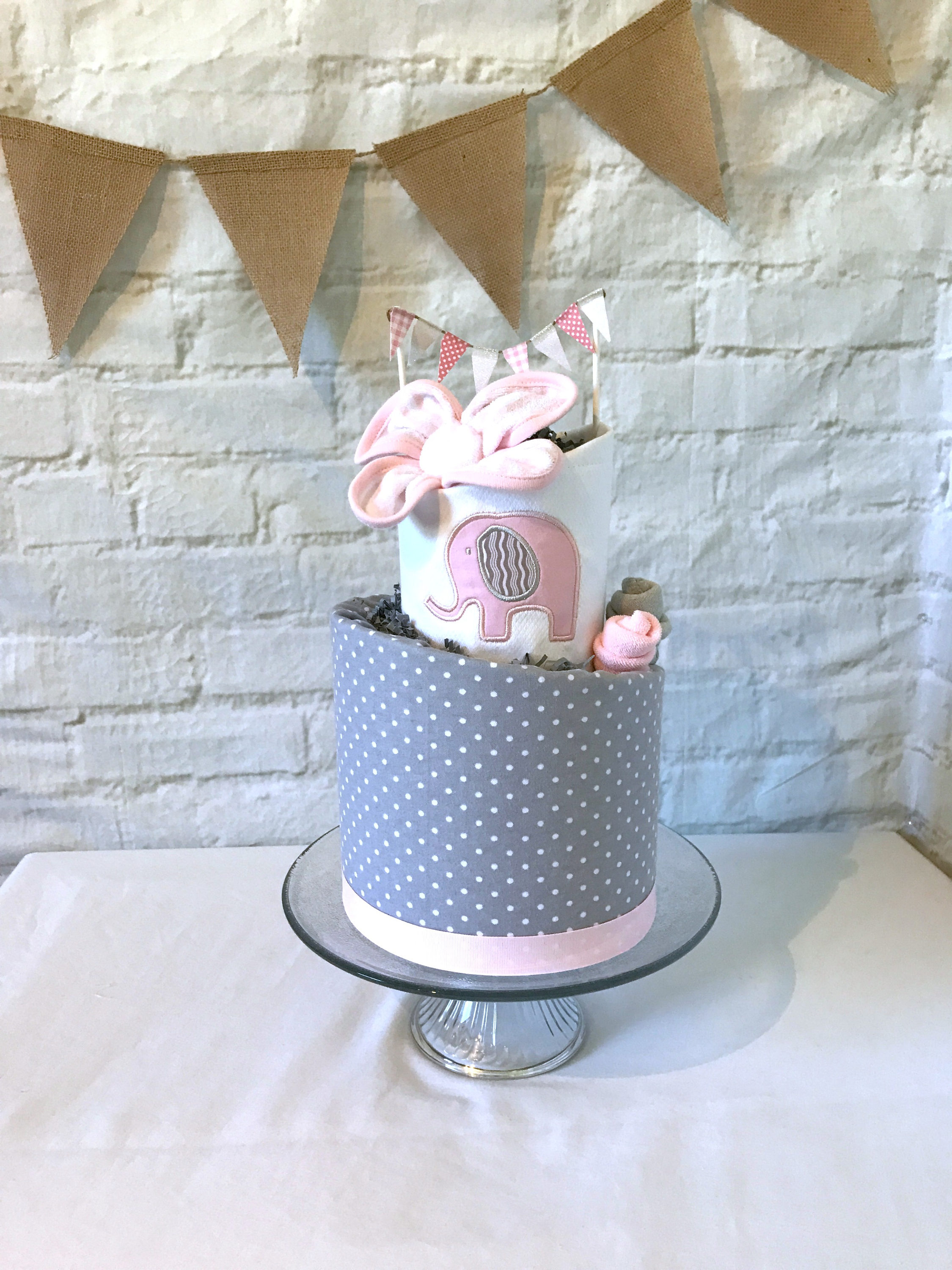 Pink Elephant Diaper Cake Pink and Gray Elephant Baby Shower Centerpiece Personalized baby gift Girl Diaper Cake Monogrammed