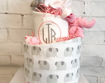 Elephant diaper cake, Diaper cake for girl, Pink elephant diaper cake, elephant baby shower, Personalized baby gift, Monogrammed Diaper Cake