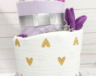 girl diaper cake, girl baby shower, purple and gray baby shower centerpieces, baby shower centerpieces, purple and gray baby shower,monogram