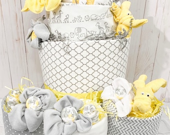 Elephant diaper cake set, Yellow Elephant Diaper Cake, Yellow and Gray baby shower, Yellow and Gray Diaper Cake, Elephant baby shower