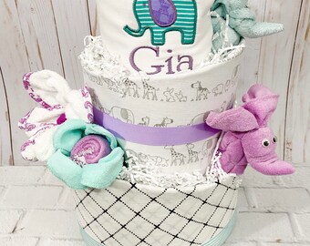 Elephant diaper cake Elephant baby shower Lilac and teal baby shower Purple and teal diaper cake Diaper cake for girl Shower centerpiece