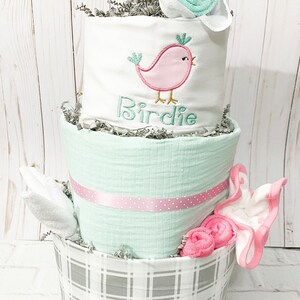 Diaper cake for girl, Pink diaper cake, Bird baby shower, Bird diaper cake, Pink and Teal, Personalized diaper cake, Monogrammed baby gift