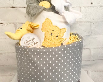 Elephant diaper cake Yellow and gray baby shower Yellow and gray diaper cake Gender neutral diaper cake Yellow and gray shower centerpiece